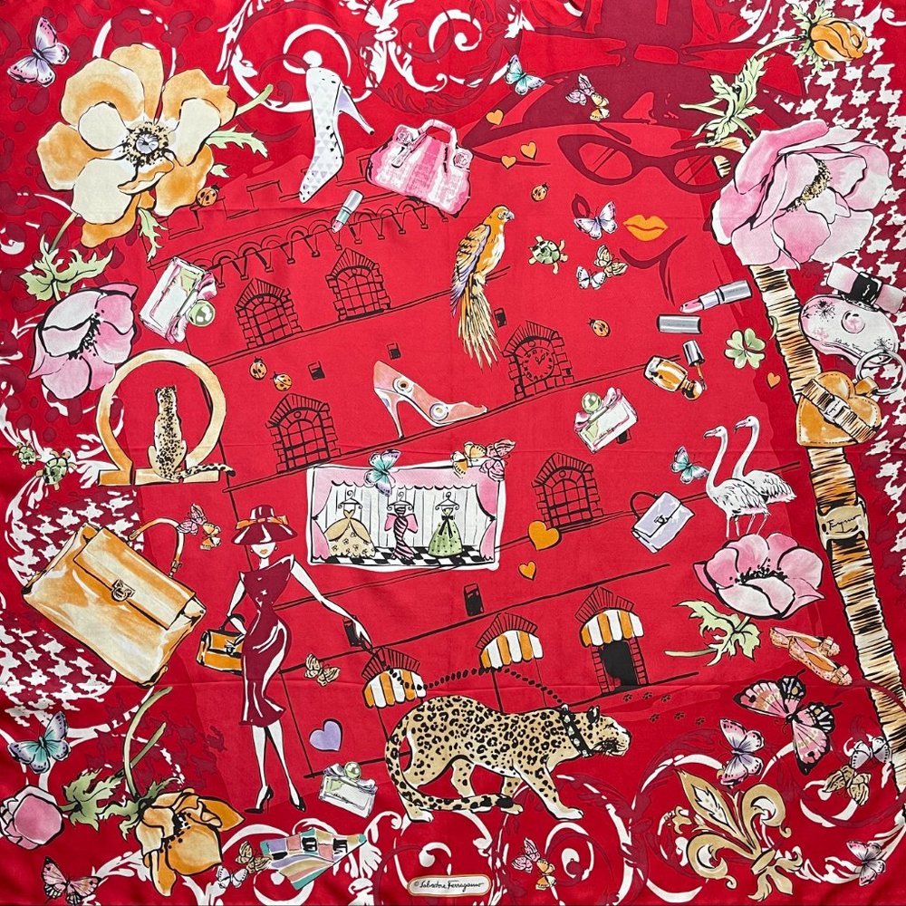 New Salvatore Ferragamo Icone Red Multicolor Silk Scarf